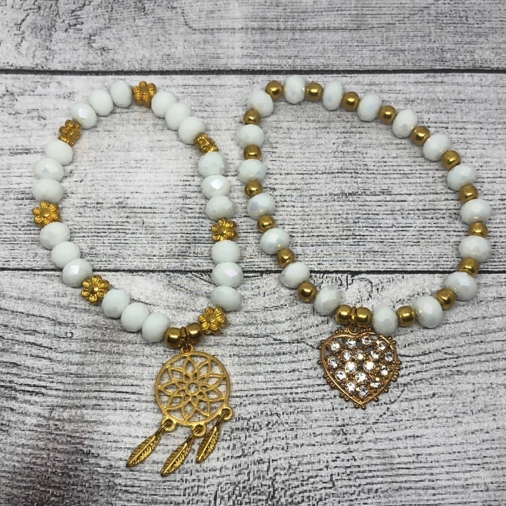 WHITE crystal or stone heart dreamcatcher charm layer stackable bracelets boho.
